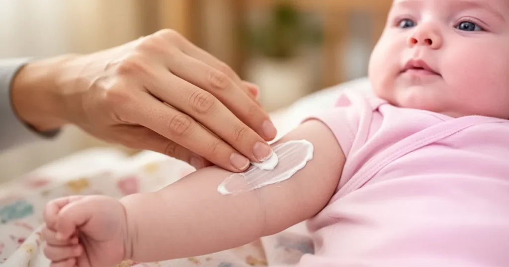 Delikatna dłoń rodzica nakładająca łagodzący krem na ramię niemowlaka w domowym otoczeniu