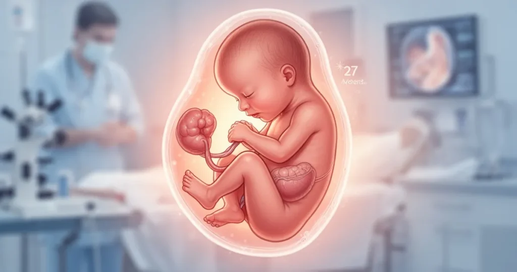 Artystyczna ilustracja płodu w 27. tygodniu ciąży w pozycji płodowej, z widocznymi szczegółami anatomicznymi, miękkim oświetl