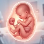 Artystyczna ilustracja płodu w 27. tygodniu ciąży w pozycji płodowej, z widocznymi szczegółami anatomicznymi, miękkim oświetl