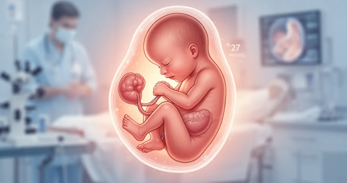 Artystyczna ilustracja płodu w 27. tygodniu ciąży w pozycji płodowej, z widocznymi szczegółami anatomicznymi, miękkim oświetl