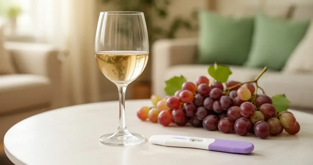 Kieliszek wina bezalkoholowego na stole obok świeżych winogron i testu ciążowego, naturalne miękkie oświetlenie, ciepła i del