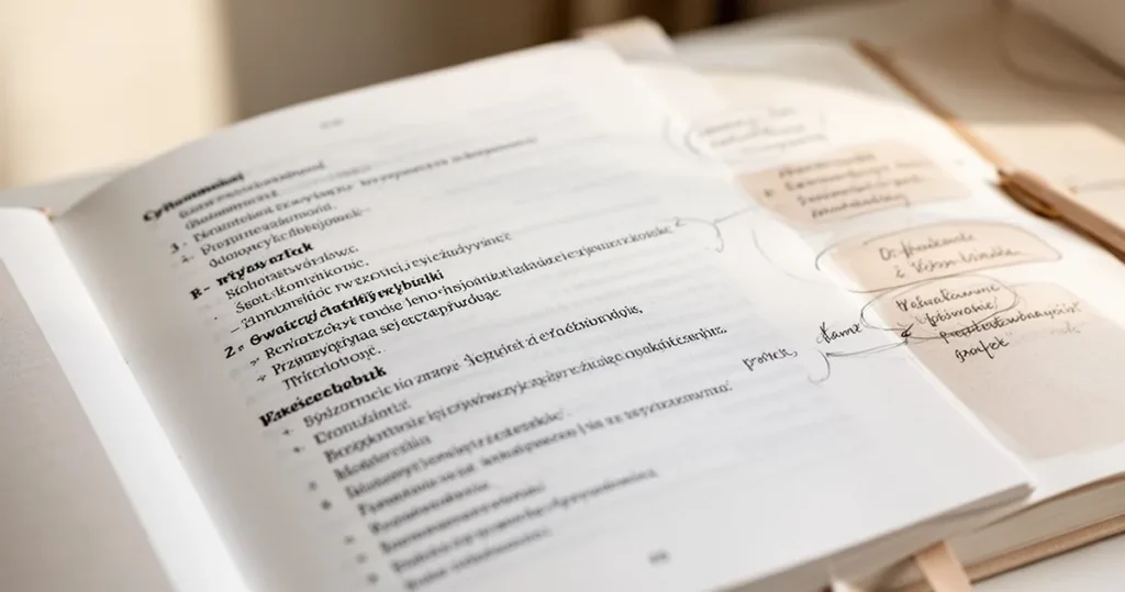 Otwarte notatki z zasadami polskiej gramatyki zapisane na białych kartkach w miękkim, naturalnym świetle.
