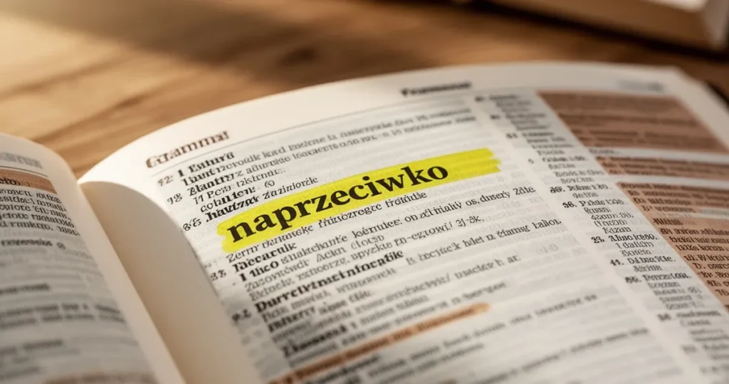 Otwarte słowniki z zaznaczonym żółtym zakreślaczem wyrazem „naprzeciwko” na drewnianym biurku.