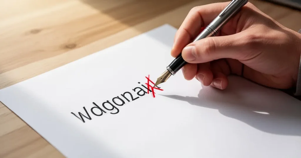 Dłoń poprawiająca czerwonym pisakiem napis na białej kartce za pomocą pióra wiecznego na drewnianym biurku.