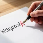 Dłoń poprawiająca czerwonym pisakiem napis na białej kartce za pomocą pióra wiecznego na drewnianym biurku.