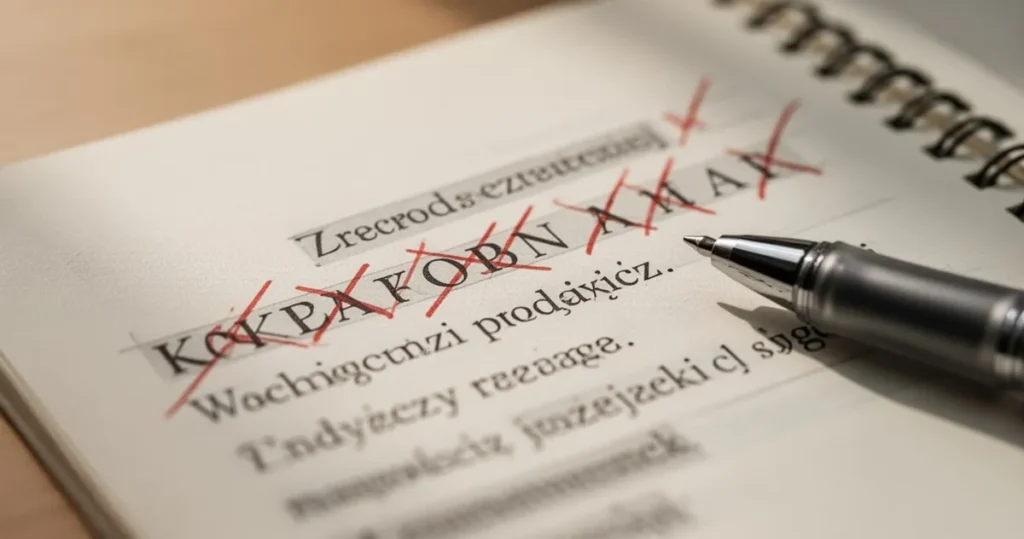 Zbliżenie na kartkę papieru z polskim tekstem, czerwonymi poprawkami i długopisem w ciepłym świetle.