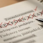 Zbliżenie na kartkę papieru z polskim tekstem, czerwonymi poprawkami i długopisem w ciepłym świetle.