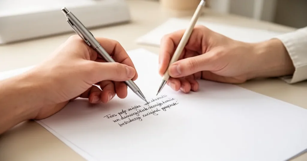 Dłoń trzymająca długopis zapisuje tekst na białej kartce papieru w jasnym, minimalistycznym wnętrzu.