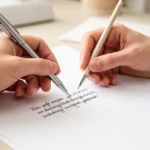 Dłoń trzymająca długopis zapisuje tekst na białej kartce papieru w jasnym, minimalistycznym wnętrzu.