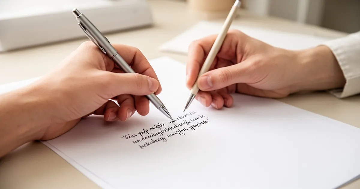 Dłoń trzymająca długopis zapisuje tekst na białej kartce papieru w jasnym, minimalistycznym wnętrzu.