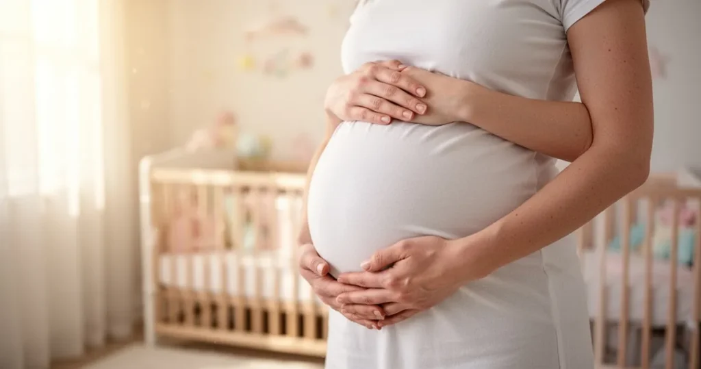Kobieta w ciąży trzymająca delikatnie dłonie na swoim brzuchu w jasnym, przytulnym pokoju dziecięcym.