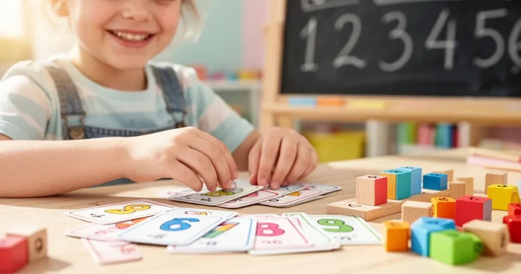 Dziecko układa kolorowe karty z działaniami matematycznymi i drewniane klocki na stole w klasie.