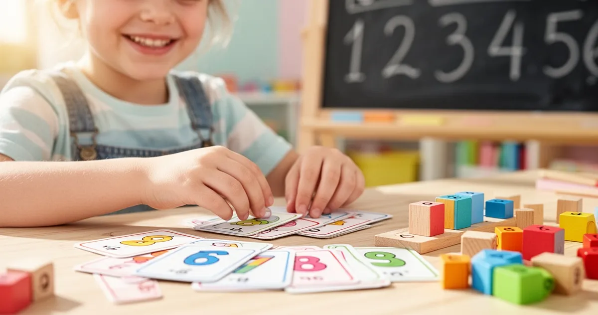 Dziecko układa kolorowe karty z działaniami matematycznymi i drewniane klocki na stole w klasie.