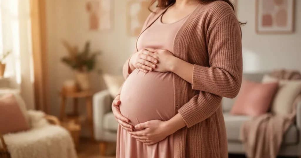Kobieta w trzecim trymestrze ciąży delikatnie dotykająca swojego zaokrąglonego brzucha w przytulnym wnętrzu domu.