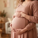 Kobieta w trzecim trymestrze ciąży delikatnie dotykająca swojego zaokrąglonego brzucha w przytulnym wnętrzu domu.