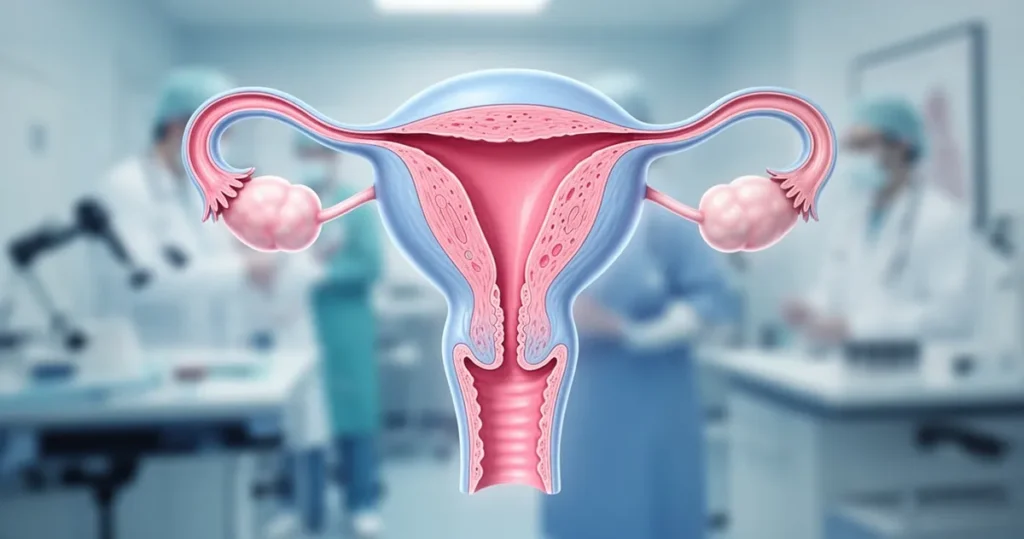 Ilustracja medyczna przedstawiająca przekrój anatomiczny macicy z widocznym tyłozgięciem w odcieniach błękitu i różu.