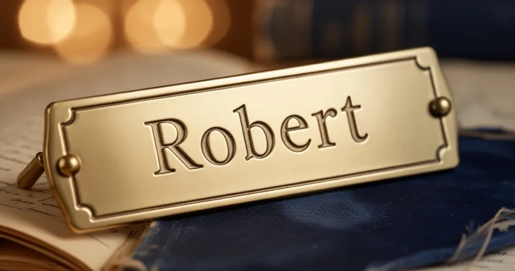 Elegancka złota tabliczka z wygrawerowanym imieniem Robert na tle rozmytych starych stron książek w ciepłym oświetleniu.