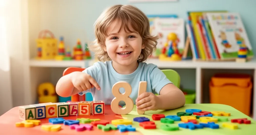 Uśmiechnięty 5-latek siedzący przy kolorowym stole z drewnianymi klockami z literami podczas zabawy edukacyjnej.