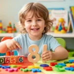 Uśmiechnięty 5-latek siedzący przy kolorowym stole z drewnianymi klockami z literami podczas zabawy edukacyjnej.