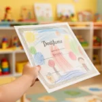 Dziecięca dłoń trzymająca kolorowy rysunek w jasnej, przyjaznej sali przedszkolnej z zabawkami w tle.
