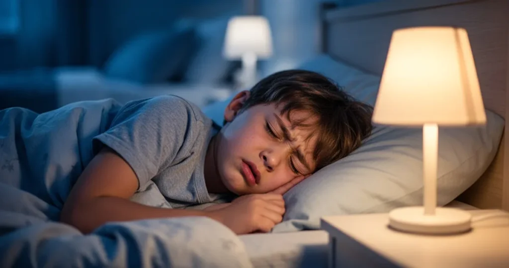 Śpiące dziecko w łóżku przy ciepłym świetle nocnej lampki, wyrażające lekki dyskomfort.