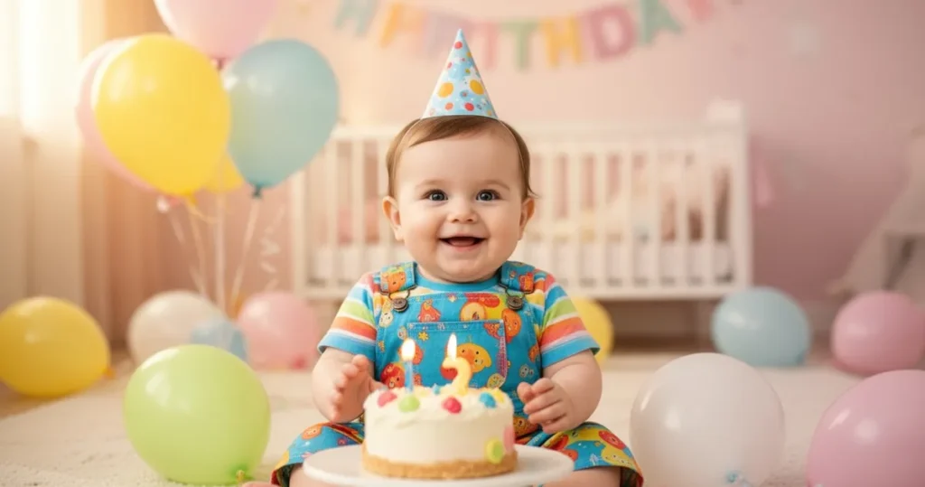 Uśmiechnięty roczny chłopiec w odświętnym ubranku przy małym torcie i balonach w przytulnym, jasnym pokoju.