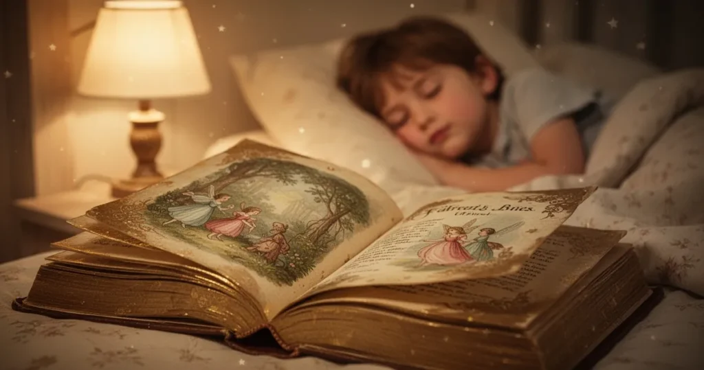 Otwarta stara księga z ilustracjami bajek i złoconymi stronami, w tle rozmyte śpiące dziecko i ciepłe światło lampki.
