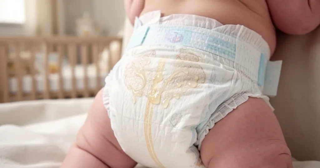 Zbliżenie na pieluszkę niemowlęcia z widocznym śluzem w stolcu, w miękkim, naturalnym oświetleniu o ciepłych barwach.