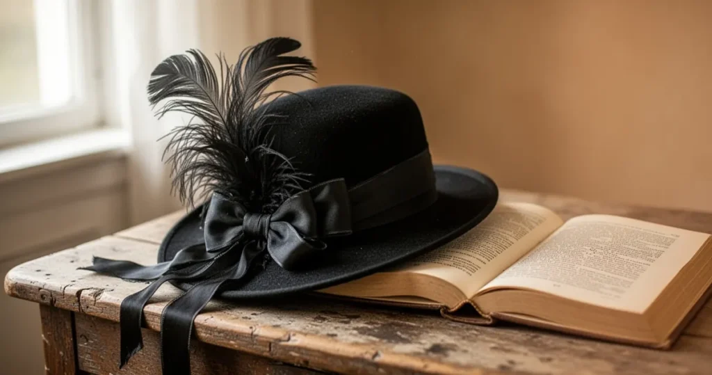 Elegancki czarny kapelusz z piórami i wstążkami leżący na drewnianym stole obok otwartej książki w świetle okna.