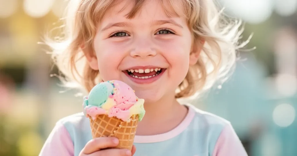 Uśmiechnięte dziecko trzymające kolorowego loda w wafelku w słoneczny, letni dzień.
