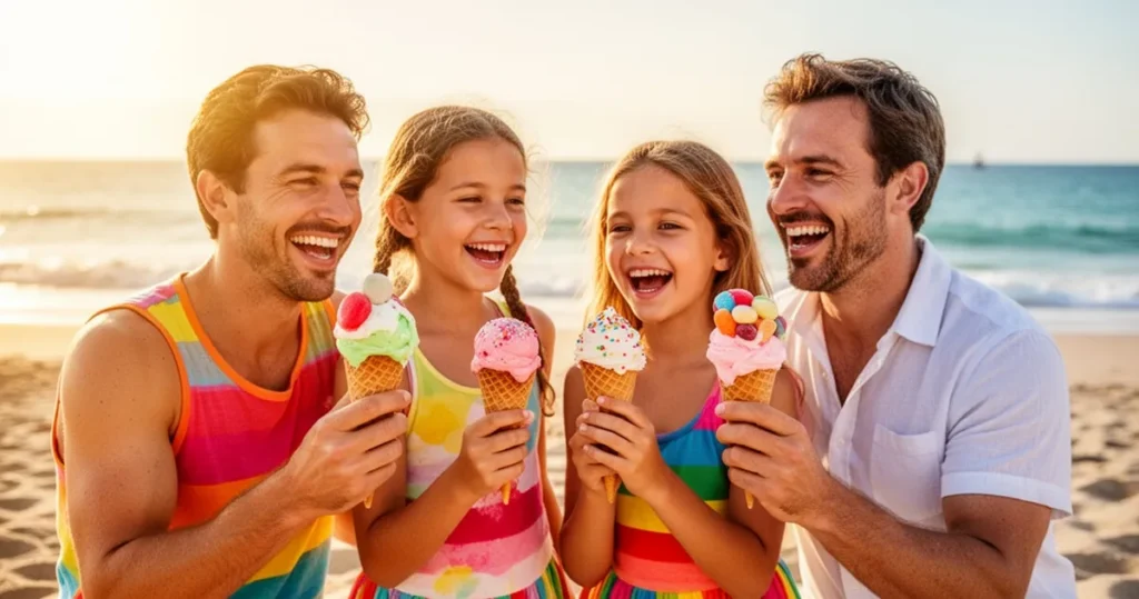 Szczęśliwa rodzina jedząca lody i słodycze na plaży w słoneczny, letni dzień.