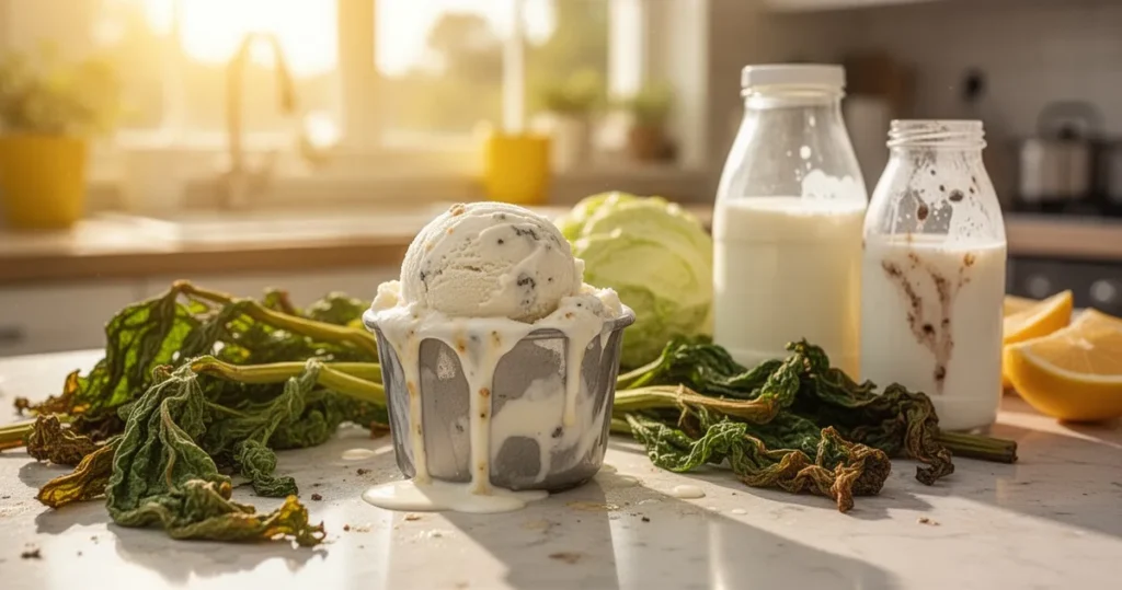 Topniejące lody, zwiędłe warzywa i psujący się nabiał na nasłonecznionym blacie kuchennym w ciepłym świetle.