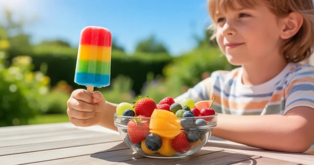 Dziecko trzyma kolorowego loda na patyku przy misce ze świeżymi owocami na słonecznym stole w ogrodzie.