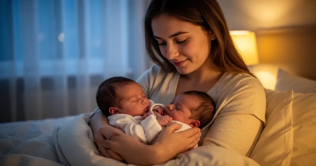 Młoda mama czule przytulająca śpiące niemowlę w przytulnej sypialni oświetlonej ciepłym, złotym światłem lampy.