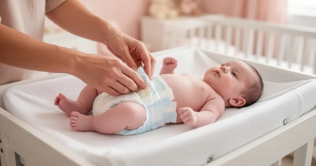 Delikatne dłonie zmieniające pieluchę noworodkowi leżącemu na miękkim białym przewijaku w przytulnym pokoju dziecięcym.