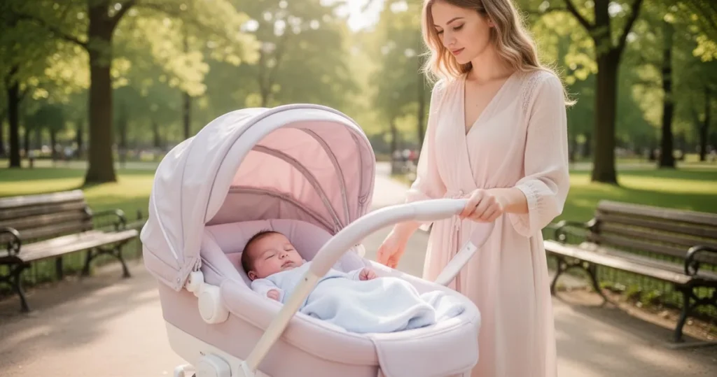 Młoda mama spacerująca w słoneczny dzień z noworodkiem w jasnym wózku w zielonym parku.