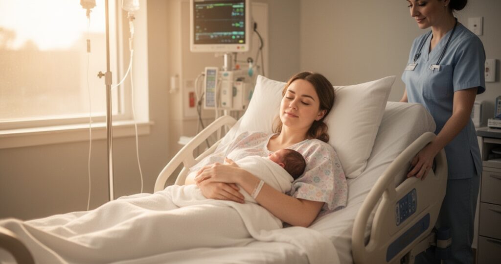 Młoda mama po cesarskim cięciu odpoczywa w szpitalnym łóżku, trzymając noworodka owiniętego w biały kocyk.