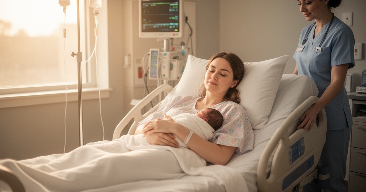 Młoda mama po cesarskim cięciu odpoczywa w szpitalnym łóżku, trzymając noworodka owiniętego w biały kocyk.