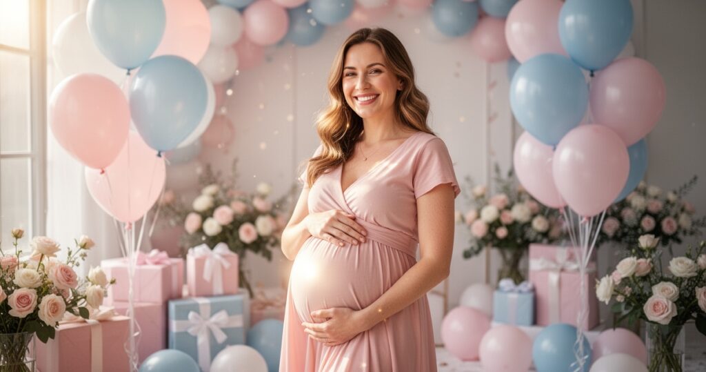 Uśmiechnięta kobieta w ciąży otoczona pastelowymi balonami, prezentami i kwiatami podczas baby shower