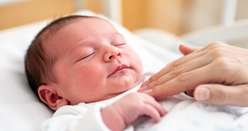 Spokojny noworodek z delikatną dłonią rodzica na klatce piersiowej dziecka, miękkie naturalne oświetlenie
