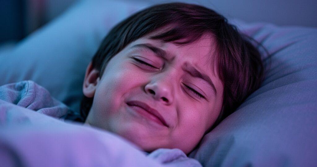 Śpiące dziecko z lekkim grymasem na twarzy, miękkie niebiesko-fioletowe oświetlenie nocne, rozmazane tło sypialni.