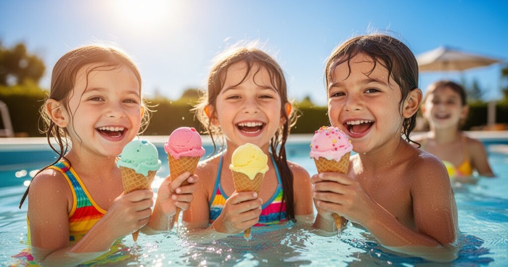 Dzieci jedzące lody i bawiące się w basenie w słoneczny letni dzień na tle błękitnego nieba