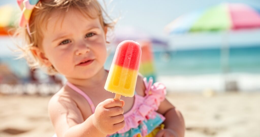 Małe dziecko trzymające loda na patyku na słonecznej plaży, w tle rozmyte morze i letnie scenerie.