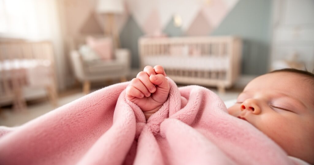Delikatna rączka noworodka chwytająca różowy kocyk, rozmyte pastelowe wnętrze pokoju dziecięcego w tle