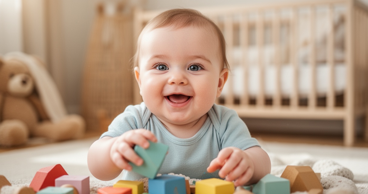 Uśmiechnięte niemowlę w wieku 7 miesięcy bawi się przedmiotami, miękkie naturalne światło, przytulny pokój dziecięcy w tle