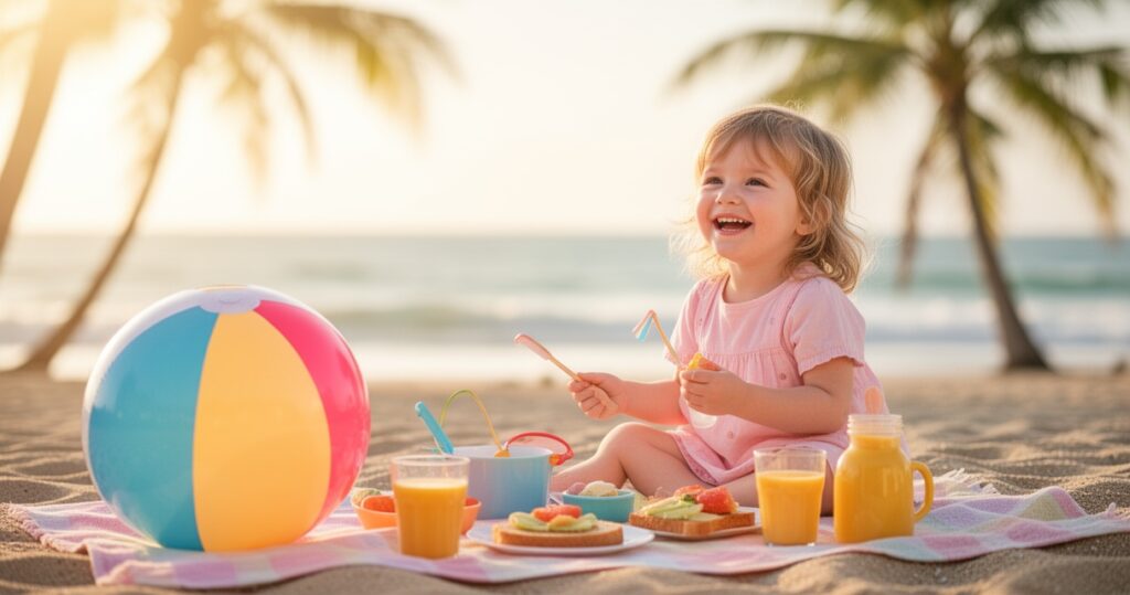 Uśmiechnięte dziecko na plaży podczas porannego rytuału, z kolorową piłką i śniadaniem w złotym świetle słońca