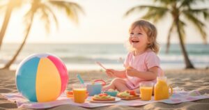 Uśmiechnięte dziecko na plaży podczas porannego rytuału, z kolorową piłką i śniadaniem w złotym świetle słońca