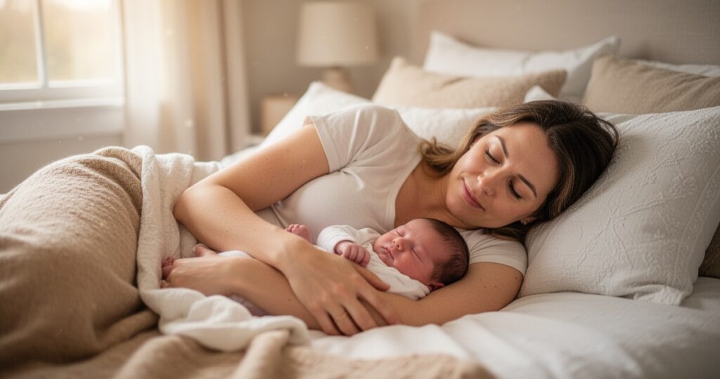 Matka leżąca na boku karmiąca piersią noworodka w przytulnej sypialni, miękkie naturalne światło, ciepła i czuła chwila.