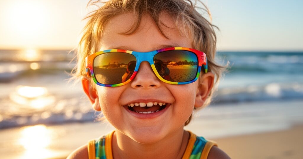 Uśmiechnięte dziecko w kolorowych okularach przeciwsłonecznych UV na plaży, w tle błękitne morze i złote słońce.
