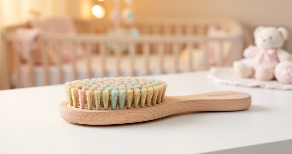 Miękka szczotka do włosów dla niemowląt z naturalnymi włosiami w pastelowych kolorach na białym tle